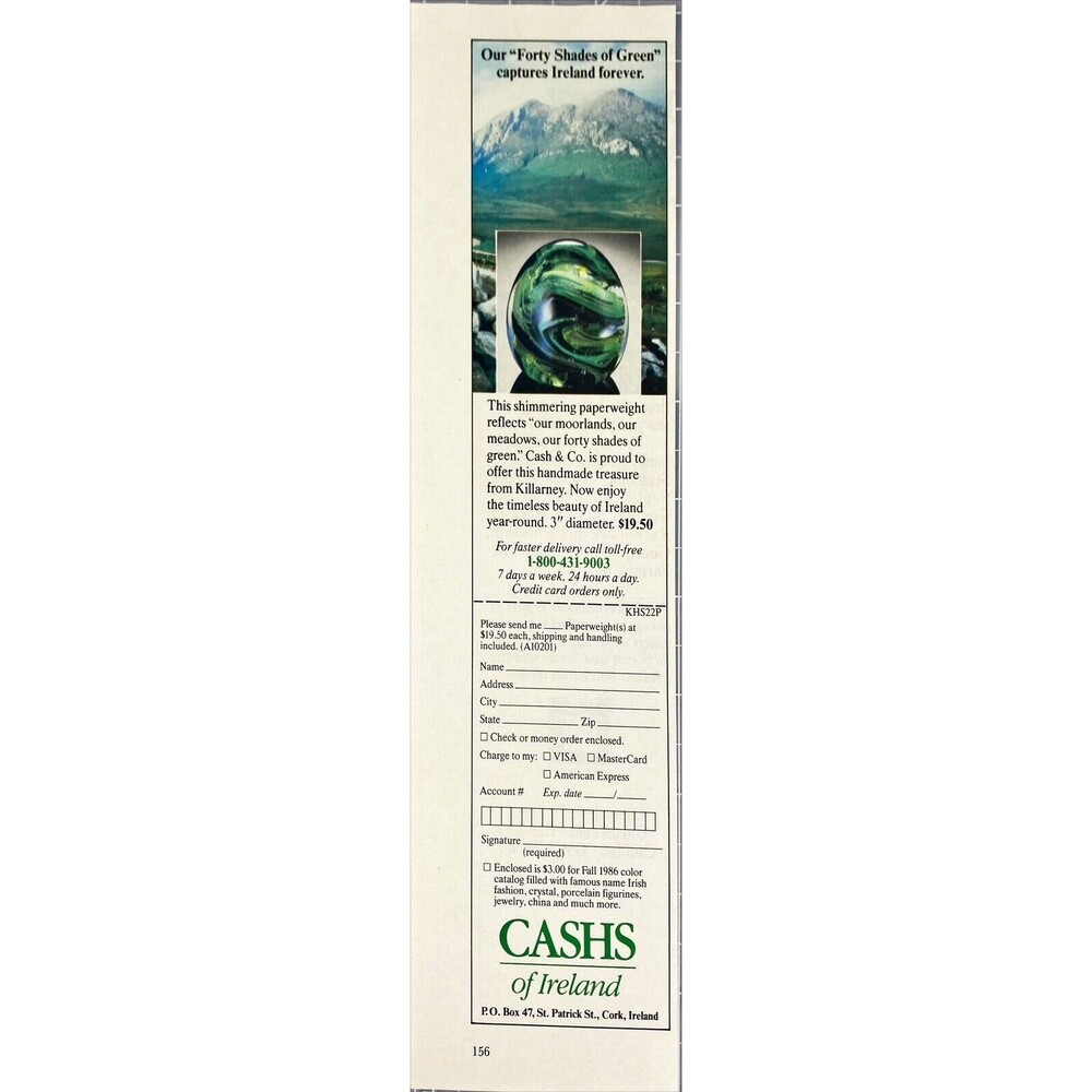 CASHS of Ireland "Our 40 Shades of Green Paperweight Captures Ireland" Ad 1986